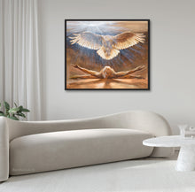 Load image into Gallery viewer, Clean and simple lines of this modern elegant couch offsets the rectangular painting of man and bird of prey, Rise.
