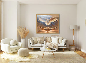 Rise, a monochromatic painting in asphaltum orange neutral colors looks great in this boho living room.