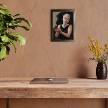 Laden Sie das Bild in den Galerie-Viewer, a lovely figure drawing in pastel of a singing woman carrying a red apple in her hands together, shown here framed and hanging in a home office area