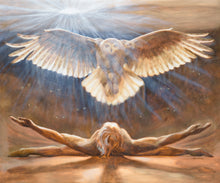Carica l'immagine nel visualizzatore di Gallery, Rise, a monochromatic oil painting about man and spirit animal a snowy owl in sunrise.