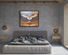 Carica l'immagine nel visualizzatore di Gallery, Rise, a painting about awakening looks great in this contemporary bedroom of concrete walls and wood beam ceiling. Spirit animal bird of prey ... Rise to the occasion