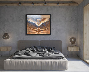 Rise, a painting about awakening looks great in this contemporary bedroom of concrete walls and wood beam ceiling. Spirit animal bird of prey ... Rise to the occasion