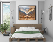 Carica l'immagine nel visualizzatore di Gallery, Gorgeous is this painting of a man rising into his spirit animal, a snowy own, bird of prey.  Shown here over the headboard of a contemporary bedroom in browns and greens.
