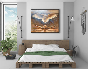 Gorgeous is this painting of a man rising into his spirit animal, a snowy own, bird of prey.  Shown here over the headboard of a contemporary bedroom in browns and greens.