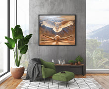 Load image into Gallery viewer, This painting about spiritual awakening is statement art in this loft apartment living room with greens and greys. 
