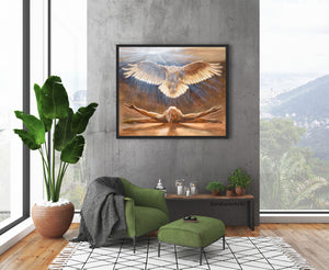 This painting about spiritual awakening is statement art in this loft apartment living room with greens and greys. 