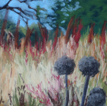 Load image into Gallery viewer, Detail of landscape painting Italy Grasses of Santa Margherita Ligure II Ligurian Landscape Painting Blue Pastel Painting Hiking Ligurian Coast near Portofino Italy

