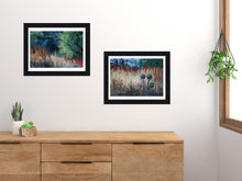 Load image into Gallery viewer, Gracing a bedroom wall are the framed original paintings of the Ligurian coastal fields Grasses of Santa Margherita Ligure I Ligurian Landscape Painting Blue Pastel Painting Hiking Ligurian Coast near Portofino Italy
