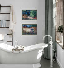 Load image into Gallery viewer, Pair of pastel landscapes are the perfect relaxing colors for this modern bathroom decor Grasses of Santa Margherita Ligure I Ligurian Landscape Painting Blue Pastel Painting Hiking Ligurian Coast near Portofino Italy
