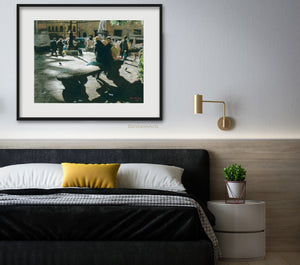 Add this shadowy image of late afternoon sun in Piazza Santo Sprito in Florence, Italy, here framed and matted and hung on the wall over a bed.  Cozy!