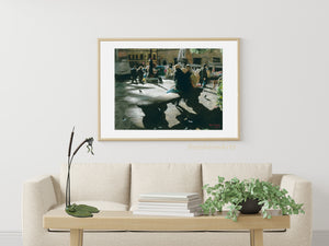 Add some personality and human contact in your white wall living room with this print of people hanging out in Piazza Santo Spirito in Florence, Italy.  The artist also created the bronze sculpture Cattails and Frog Legs displayed on the table.