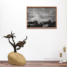 將圖片載入圖庫檢視器 16 inch tall sculpture of Sea Turtles swimming in kelp enhances this counter space. Shown on the wall above it is a framed print of charcoal drawing Splash. Sculpture is a limited edition bronze and stone (each limestone base is hand carved). 3-d Art by Kelly Borsheim