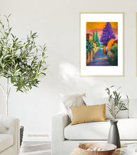 Load image into Gallery viewer, This surreal colorist pastel art scene of a Tuscan road in Settignano above Florence, Italy, makes a bold and happy statement in this neutral colored decor living room.  Art by Kelly Borsheim
