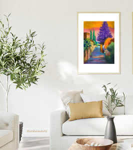 This surreal colorist pastel art scene of a Tuscan road in Settignano above Florence, Italy, makes a bold and happy statement in this neutral colored decor living room.  Art by Kelly Borsheim