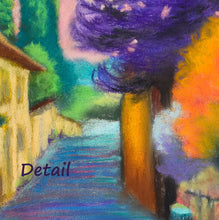 Cargar imagen en el visor de la galería, Detail of Settignano Purple Tree in Tuscany Italy shows the texture of the intense colors of the pastels and the details of overlapping hues in the Tuscan road