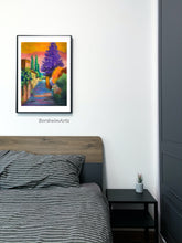 Load image into Gallery viewer, This colorful, yet peaceful scene of a Tuscan Road livens up this simple decor bedroom.  Art by artist Kelly Borsheim
