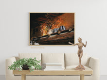 將圖片載入圖庫檢視器 Bronze figure sculpture enhances this living room scene as she stands on the coffee table.  On the wall behind her, is a pastel drawing print of Fiesole Still Life, a hand-drawn painting of orange lit hearth area, a cozy image.