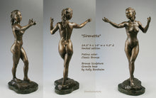 Load image into Gallery viewer, Ferric Patina Little Mermaid Potion Made Legs of a Tail with added bonus of Lovely Movements, but pain for her with each step, traditional bronze patina. shown here three views of dancing nude woman art sculpture
