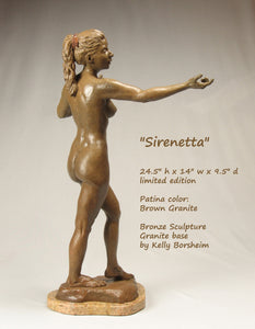 Brown Granite-Like Patina - Sirenetta Little Mermaid Bronze Statue of Nude Woman Standing Dancing Arm Outstretched Sculpture, note the ponytail holder is a darker and more red brown color.... lovely ! 