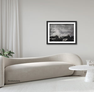 Another example image of how you could frame the original drawing Splash for a modern, minimalist neutral white or creme living room scene with a long elegant slow curving couch.