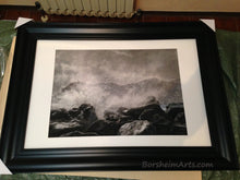 Cargar imagen en el visor de la galería, Shown here with mat and wide, lightweight black plastic frame, is the original drawing Splash original charcoal drawing framed art Crashing waves Cinque Terre Italy large black n white artwork Seascape rocks sea beach house art