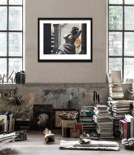 Load image into Gallery viewer, example loft scene with books for original art or fine art prints on &quot;Spotted&quot; Leopard with Woman illustration print Spotted big cat large wall art charcoal pastel drawing safari animal empowered women gift room decor
