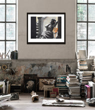 將圖片載入圖庫檢視器 example loft scene with books for original art or fine art prints on "Spotted" Leopard with Woman illustration print Spotted big cat large wall art charcoal pastel drawing safari animal empowered women gift room decor