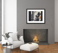 Load image into Gallery viewer, Living room with fireplace and art. original art or fine art prints on &quot;Spotted&quot; Leopard with Woman illustration print Spotted big cat large wall art charcoal pastel drawing safari animal empowered women gift room decor
