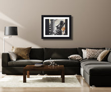 將圖片載入圖庫檢視器 Living room scene using drawing :  Leopard with Woman illustration print Spotted big cat large wall art charcoal pastel drawing safari animal empowered women gift room decor