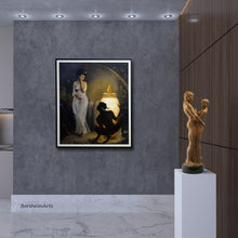 Load image into Gallery viewer, Bronze figure sculpture of embracing couple with the woman turning her head away from him.  On white pedestal in a modern minimalist room.  On the grey wall behind the original limited edition bronze statue is a painting, also by artist Kelly Borsheim, hanging that depicts The Curiosity of Pandora, an artist self-portrait with Greek God Hermes with the &quot;jar.&quot; 
