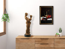 Load image into Gallery viewer, Turkish Light, a still life with a luscious read scarf drapped over a white marble slab with exotic objects, one in candlelight... also shown is the bronze figure sculpture Together and Alone, in a contemporary bedroom scene.
