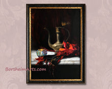 Load image into Gallery viewer, Showing the frame of a dark distressed wood with the inner lining painted gold.  really accents this still life painting of a red and orange and black scarf falling off of a white marble slab.  A small colored glass candle holder that the artist bought in Istanbul, Turkey, and a metal exotic container found in an antique market in Italy, but possibly Persian or Moroccan in origin.

