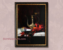 Carica l'immagine nel visualizzatore di Gallery, Showing the frame of a dark distressed wood with the inner lining painted gold.  really accents this still life painting of a red and orange and black scarf falling off of a white marble slab.  A small colored glass candle holder that the artist bought in Istanbul, Turkey, and a metal exotic container found in an antique market in Italy, but possibly Persian or Moroccan in origin.