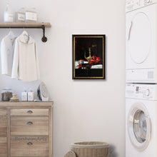 Carica l'immagine nel visualizzatore di Gallery, this dark still life painting with classic color combination of white black and red looks great in a mostly light-filled and neutral colored room.