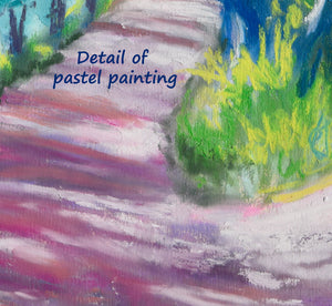 Another detail showing the complimentary colors of Tuscan Road in Shadows Pastel Art with the artist's logo signature in blue on the middle right side (in the grass).