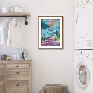 Another example is to frame with white mat and thin wood frame, shown here in an elegant laundry room.  art by Kelly Borsheim of country road in Tuscany, Italy