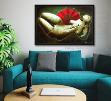 Load image into Gallery viewer, The large Ukrainian red umbrella with archeological figure graces the wall of this living room with teal couch.  On the table is the artist Vasily Fedorouk&#39;s sculpture Madonna in ebony wood.

