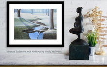 Load image into Gallery viewer, Tabletop Bronze Sculpture of pregnant woman along with landscape painting sitting on a shelf. art by Ukrainian - American artist Vasily Fedorouk
