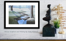 將圖片載入圖庫檢視器 Tabletop Bronze Sculpture of pregnant woman along with landscape painting sitting on a shelf. art by Ukrainian - American artist Vasily Fedorouk