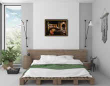 Load image into Gallery viewer, original oil painting Venezia Fish Market at Night by K. Borsheim shown here in mockup of elegant modern bedroom in loft apartment, using above the bed artwork decor
