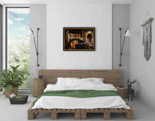 Load image into Gallery viewer, original oil painting Venezia Fish Market at Night by K. Borsheim shown here in mockup of elegant modern bedroom in loft apartment, using above the bed artwork decor