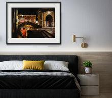 Load image into Gallery viewer, original oil painting Venezia Fish Market at Night by K. Borsheim shown here in mockup of contemporary bedroom scene in which peaceful, restful night art noctural art will aid sleep and fun dreams of exotic places