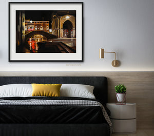 original oil painting Venezia Fish Market at Night by K. Borsheim shown here in mockup of contemporary bedroom scene in which peaceful, restful night art noctural art will aid sleep and fun dreams of exotic places