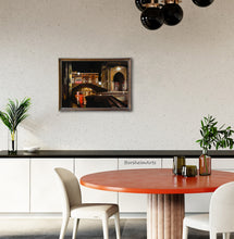 Cargar imagen en el visor de la galería, This dining area is enhanced with original oil painting Venezia Fish Market at Night by K. Borsheim