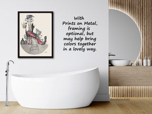 Metal prints are a great way to enjoy drawings without having to display them under glass or worry about humidity.  Shown here is a large framed print on aluminum, the frame is not necessary, but adds a striking color balance with the rest of this elegant bathroom