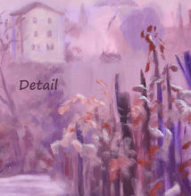 Cargar imagen en el visor de la galería, Detail of the soft and textured brushstrokes in the original oil painting Vineyard in Fog Montecarlo Tuscany by artist Kelly Borsheim