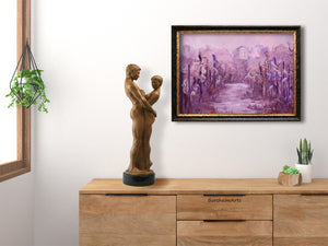 Here you see a sample frame of dark brown with gold liner, around the original oil painting Vineyard in Fog Montecarlo Tuscany on the wall of a minimalist bedroom.  Shown resting on top of the dresser is the bronze figure sculpture Together and Alone, also by the same artist Kelly Borsheim