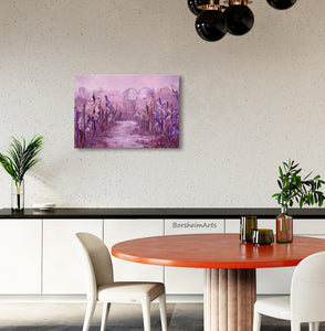 Another dining room decor idea, showing the gallery-wrapped canvas (meaning that framing is optional) of Vineyard in Fog Montecarlo Tuscany, an artwork by Kelly Borsheim at BorsheimArts