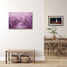 Load image into Gallery viewer, Set in an entryway, this romantic scene of a vineyard in a December fog greets visitors to your home.  Vineyard in Fog Montecarlo Tuscany, an original oil painting by Kelly Borsheim
