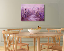 Cargar imagen en el visor de la galería, Perhaps surprisingly, this purple, red, and white painting looks great in this dining room of natural wood furniture and a pale green wall.  home decor at its finest. artwork by Kelly Borsheim and BorsheimArts